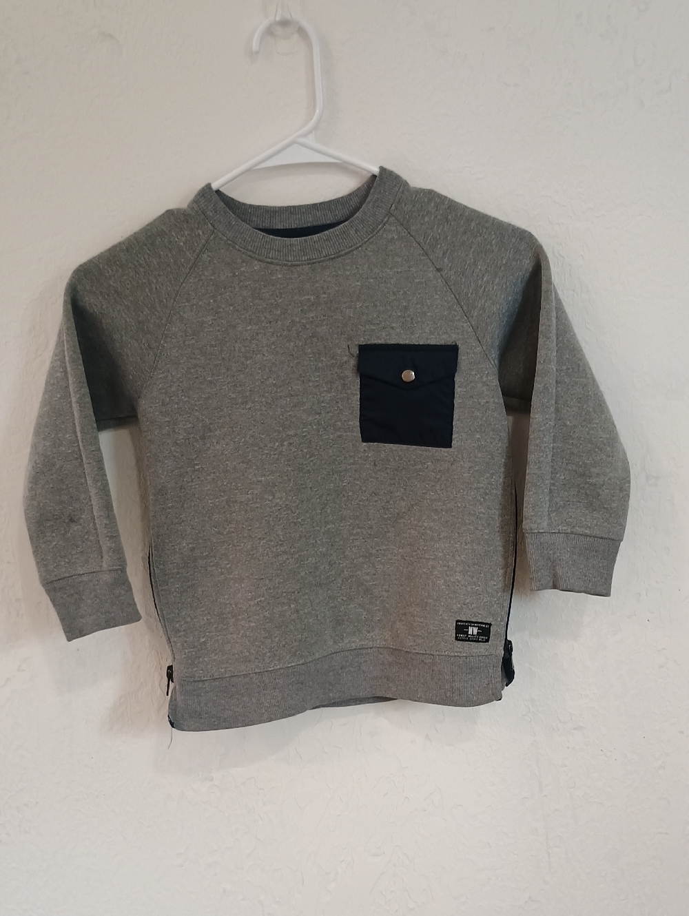 Kids Grey Pullover Sweatshirt with Navy Pocket Accent